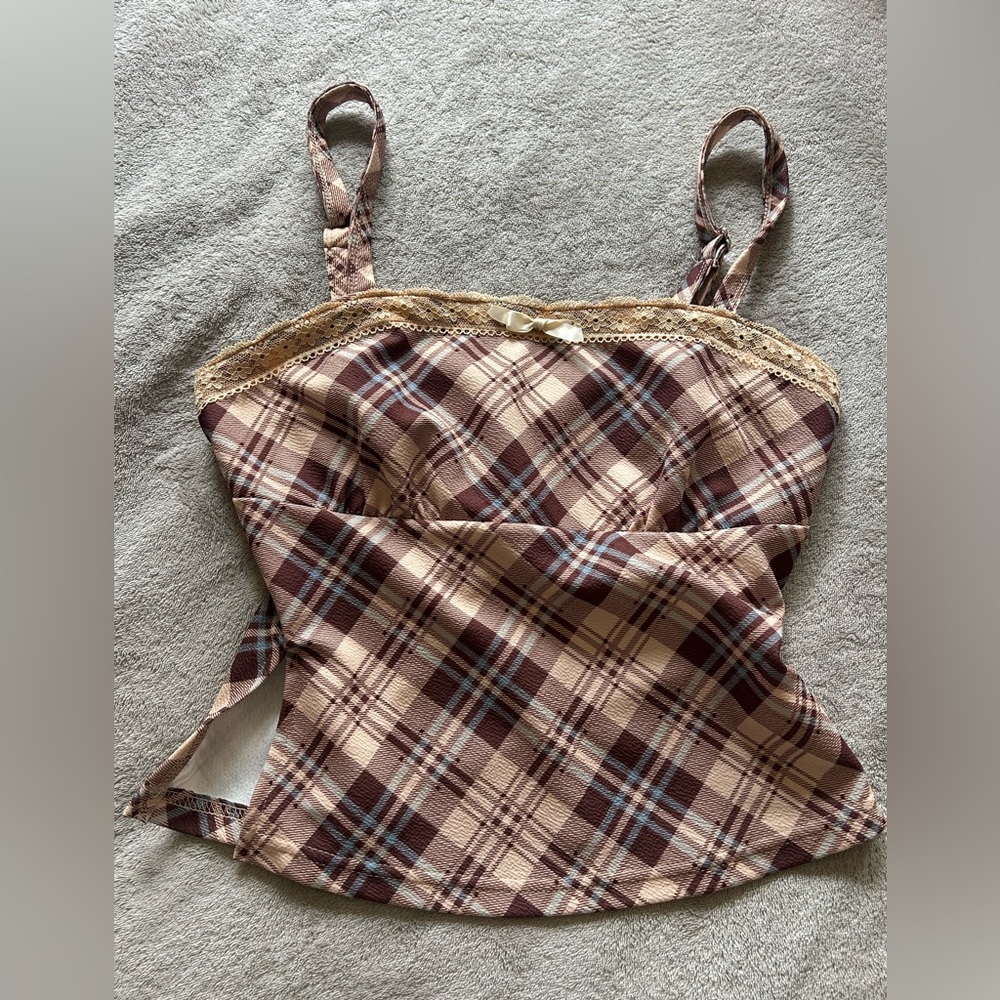 SHEIN Brown Cream and Light Blue Plaid Lace-Trim Cami
